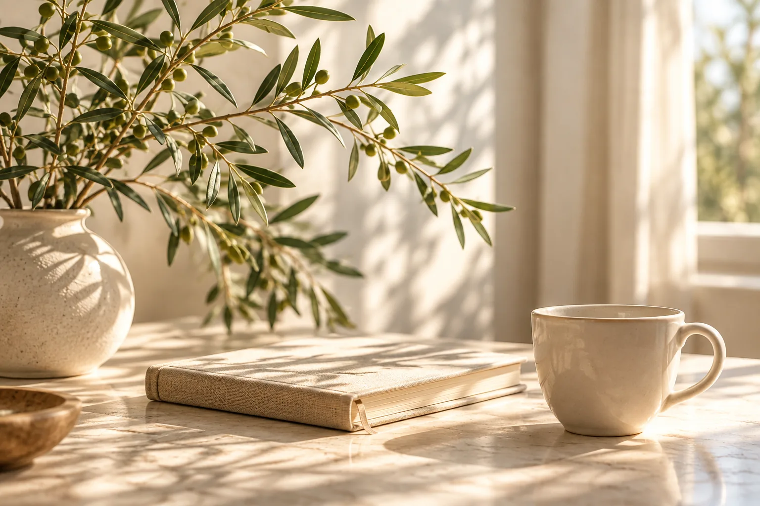Una tazza, un quaderno e un ramo d’ulivo nella luce del mattino
